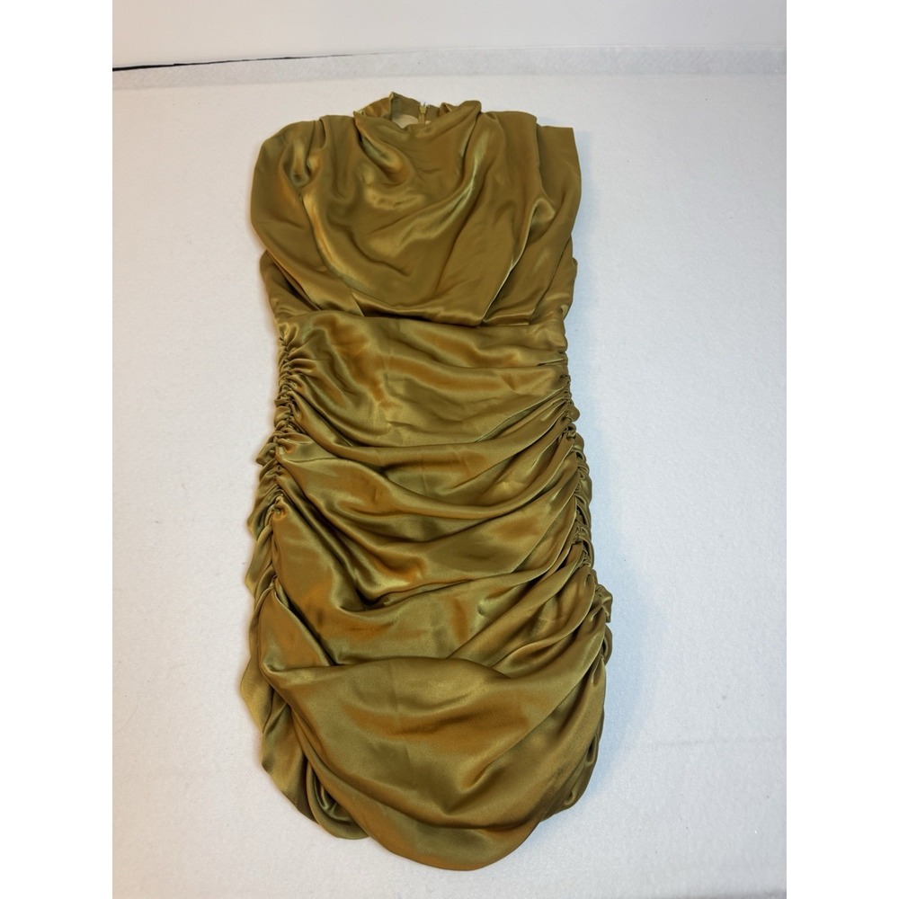 Babaton Gold Satin Ruched High Neck Mini Dress Size 6 Sleeveless Cocktail